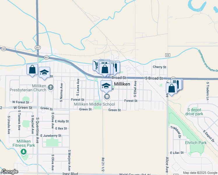 map of restaurants, bars, coffee shops, grocery stores, and more near 913 Elm Street in Milliken