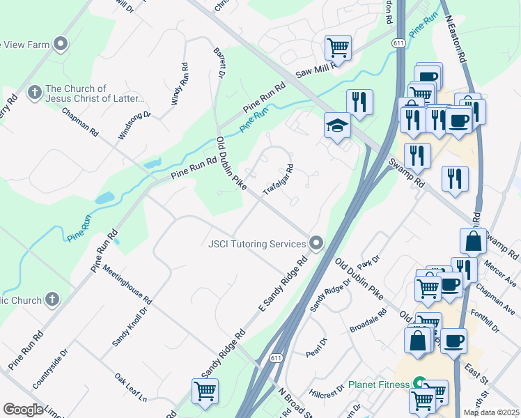 map of restaurants, bars, coffee shops, grocery stores, and more near 13 Birchwood Drive in Doylestown