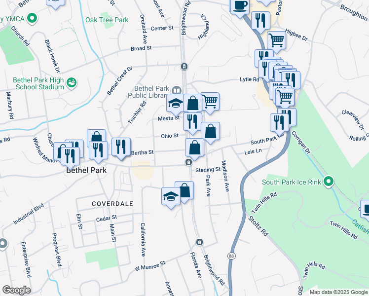map of restaurants, bars, coffee shops, grocery stores, and more near 5220 West Library Avenue in Bethel Park