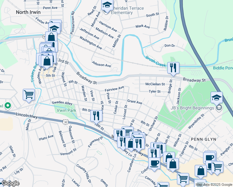 map of restaurants, bars, coffee shops, grocery stores, and more near 612 Cedar Street in Irwin