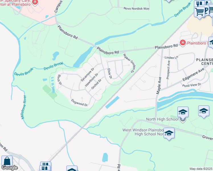 map of restaurants, bars, coffee shops, grocery stores, and more near 10 Walker Gordon Drive in Plainsboro Township