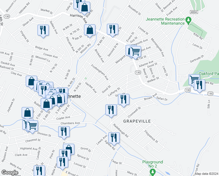 map of restaurants, bars, coffee shops, grocery stores, and more near 230 Good Street in Jeannette