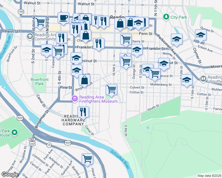 map of restaurants, bars, coffee shops, grocery stores, and more near 735 Mcilvain Street in Reading