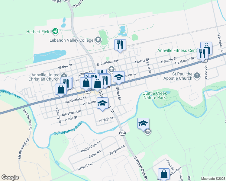 map of restaurants, bars, coffee shops, grocery stores, and more near 24 South Manheim Street in Annville