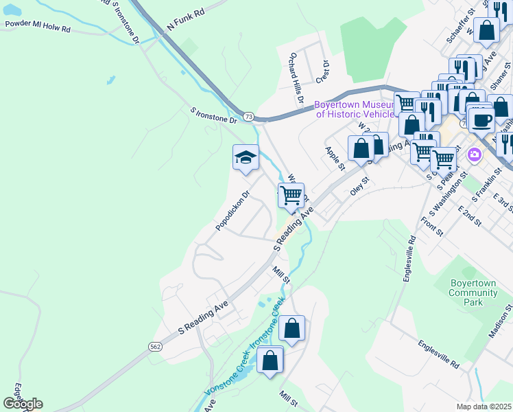 map of restaurants, bars, coffee shops, grocery stores, and more near 14 Arrowhead Avenue in Boyertown