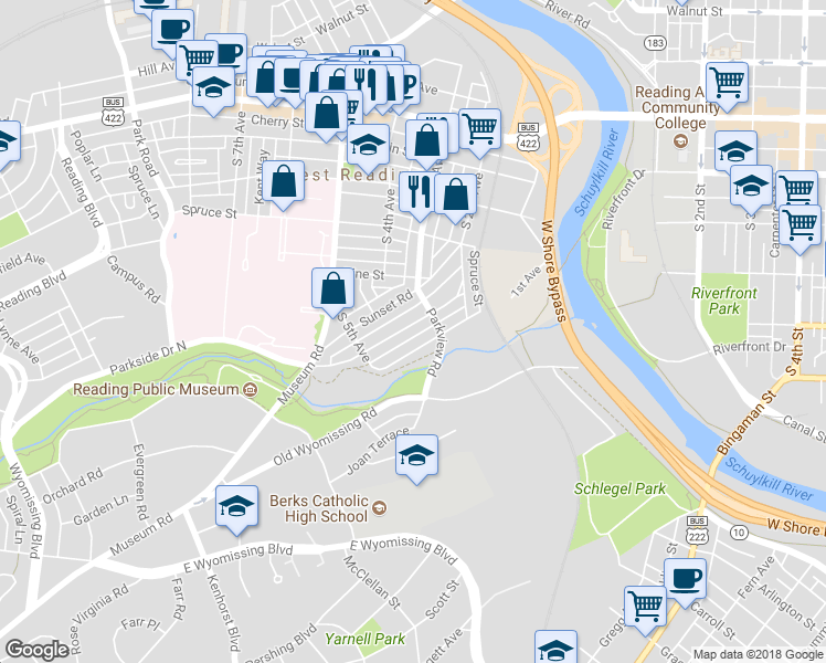 map of restaurants, bars, coffee shops, grocery stores, and more near 323 Sycamore Road in West Reading