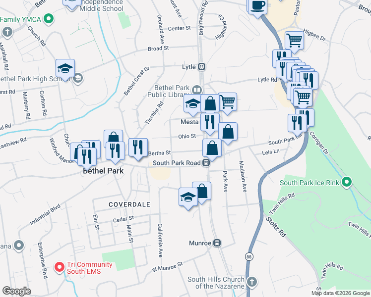 map of restaurants, bars, coffee shops, grocery stores, and more near 2730 Bertha Street in Bethel Park