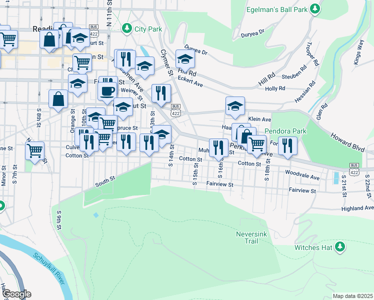 map of restaurants, bars, coffee shops, grocery stores, and more near 1434 Muhlenberg Street in Reading