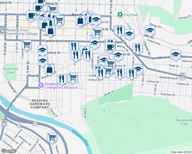 map of restaurants, bars, coffee shops, grocery stores, and more near 421 South 10th Street in Reading