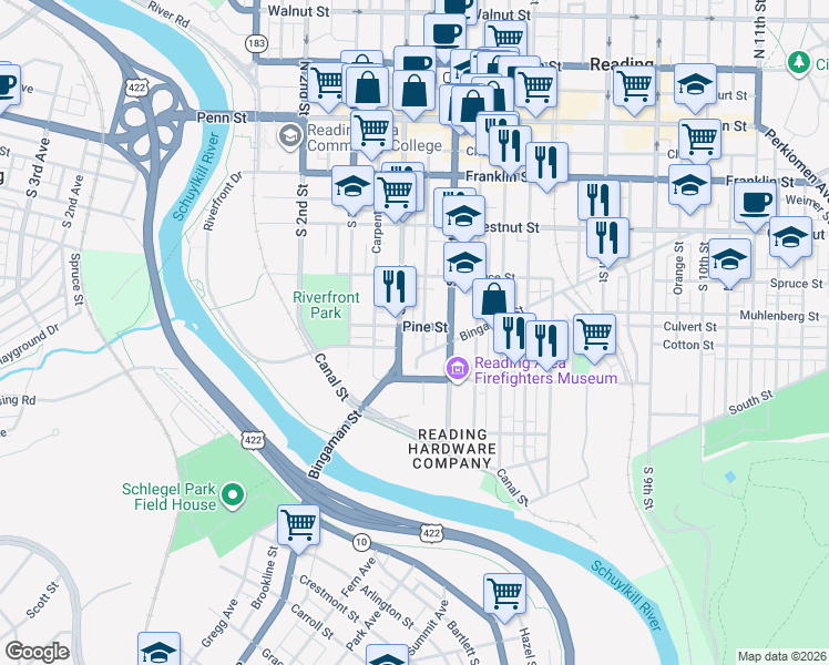 map of restaurants, bars, coffee shops, grocery stores, and more near 407 South 4th Street in Reading