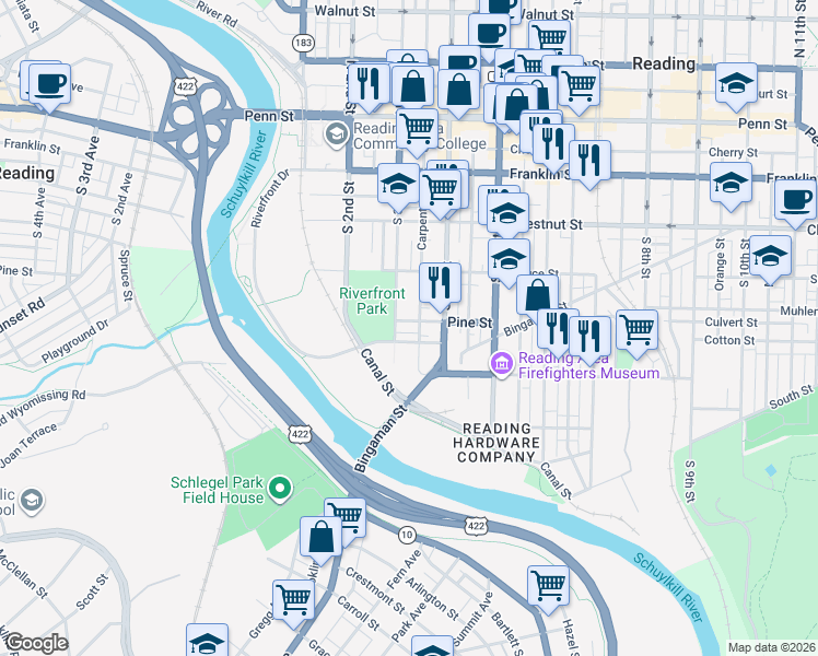map of restaurants, bars, coffee shops, grocery stores, and more near 310 Pine Street in Reading