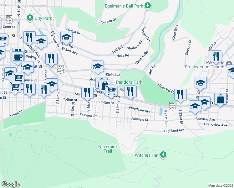map of restaurants, bars, coffee shops, grocery stores, and more near 1761 Perkiomen Avenue in Reading