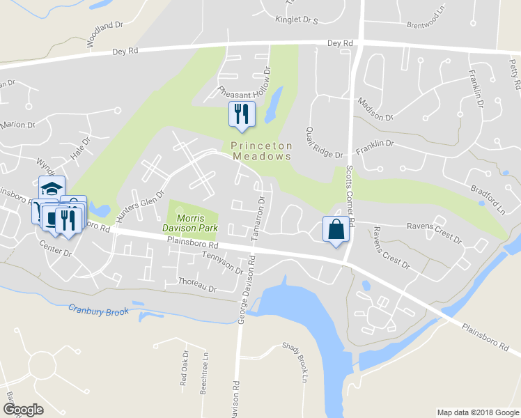 map of restaurants, bars, coffee shops, grocery stores, and more near 8207 Tamarron Drive in Plainsboro Township