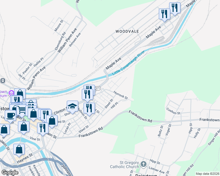 map of restaurants, bars, coffee shops, grocery stores, and more near 1091 Church Avenue in Johnstown