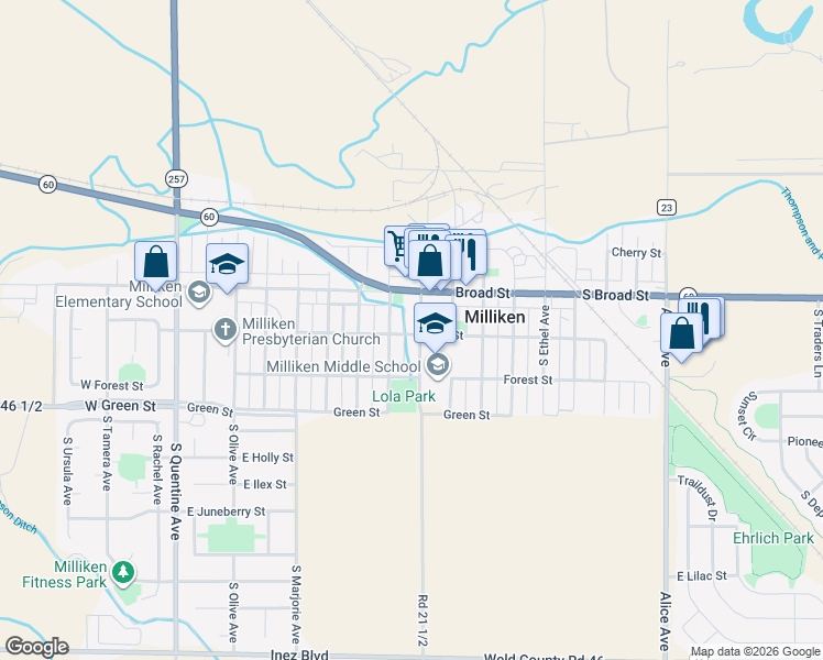 map of restaurants, bars, coffee shops, grocery stores, and more near 801 Elm Street in Milliken
