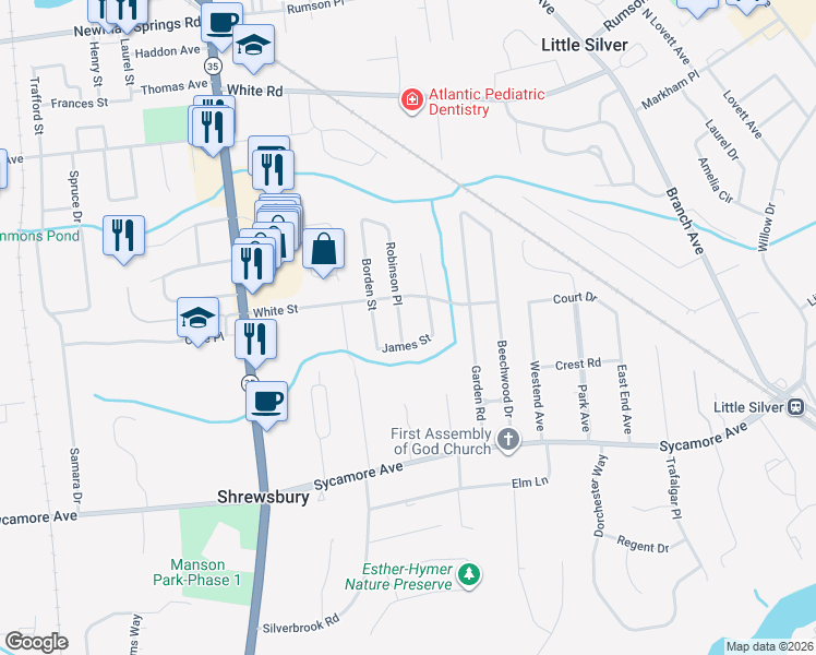 map of restaurants, bars, coffee shops, grocery stores, and more near 17 Robinson Place in Shrewsbury