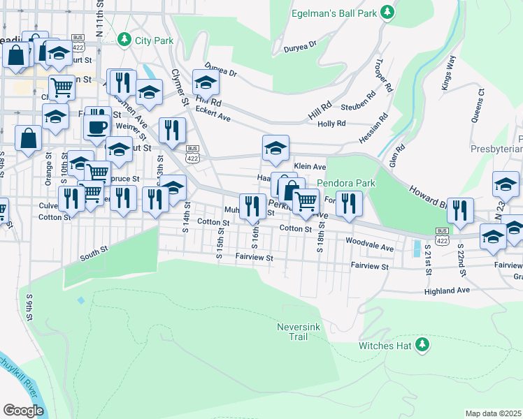 map of restaurants, bars, coffee shops, grocery stores, and more near 1613 Muhlenberg Street in Reading