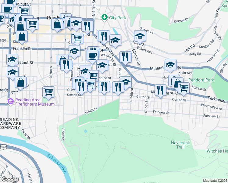 map of restaurants, bars, coffee shops, grocery stores, and more near 430 Chapel Terrace in Reading