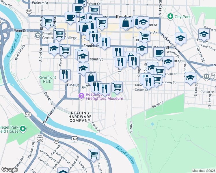 map of restaurants, bars, coffee shops, grocery stores, and more near 403 South 7th Street in Reading