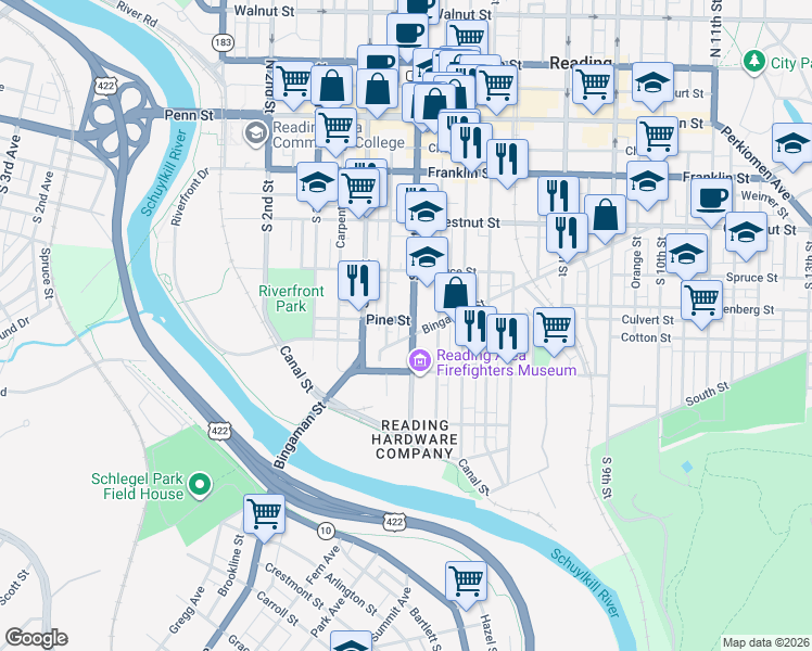 map of restaurants, bars, coffee shops, grocery stores, and more near 438 Pine Street in Reading