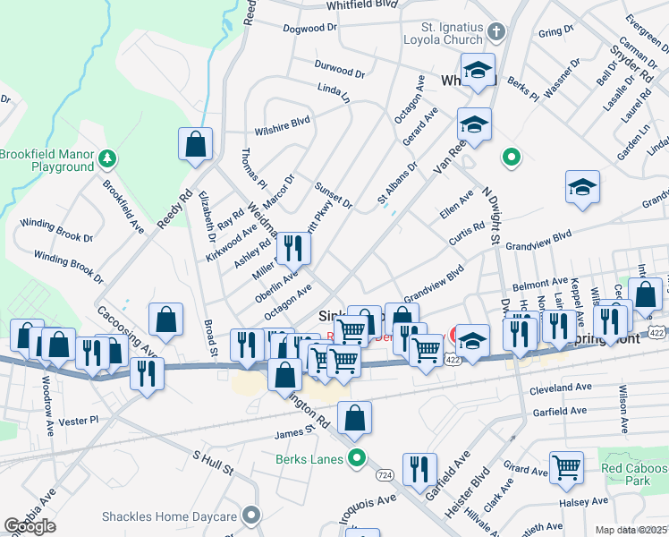 map of restaurants, bars, coffee shops, grocery stores, and more near 104 Thomas Place in Sinking Spring