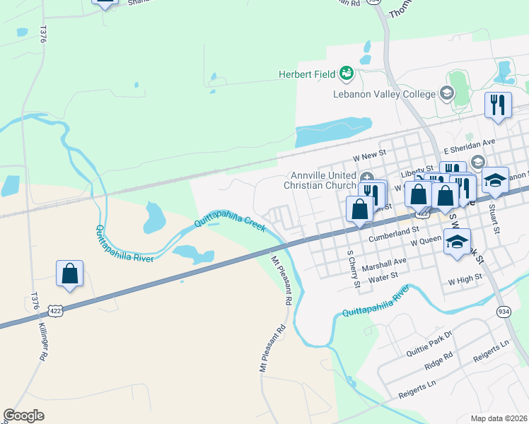 map of restaurants, bars, coffee shops, grocery stores, and more near 59 Stonehill Park in Annville