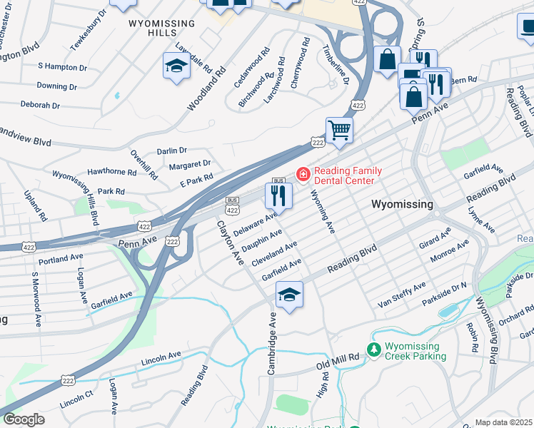 map of restaurants, bars, coffee shops, grocery stores, and more near 28 Evans Avenue in Wyomissing