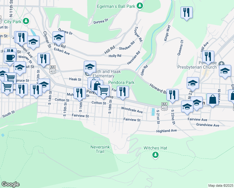 map of restaurants, bars, coffee shops, grocery stores, and more near 1823 Perkiomen Avenue in Reading