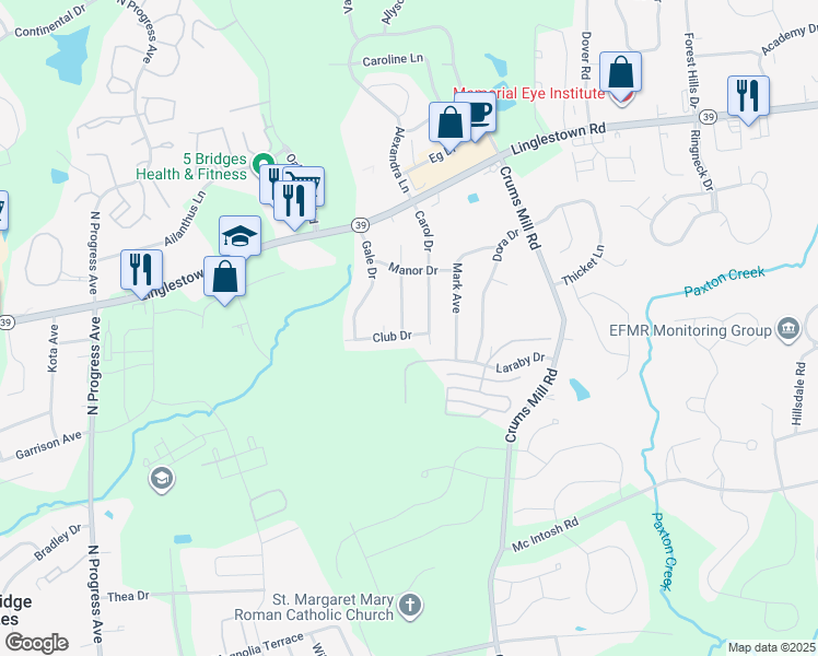 map of restaurants, bars, coffee shops, grocery stores, and more near 3820 Club Dr in Harrisburg