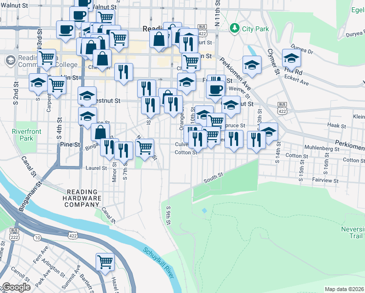 map of restaurants, bars, coffee shops, grocery stores, and more near 422 Orange Street in Reading