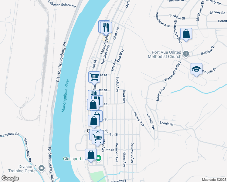 map of restaurants, bars, coffee shops, grocery stores, and more near 403 Erie Avenue in Glassport