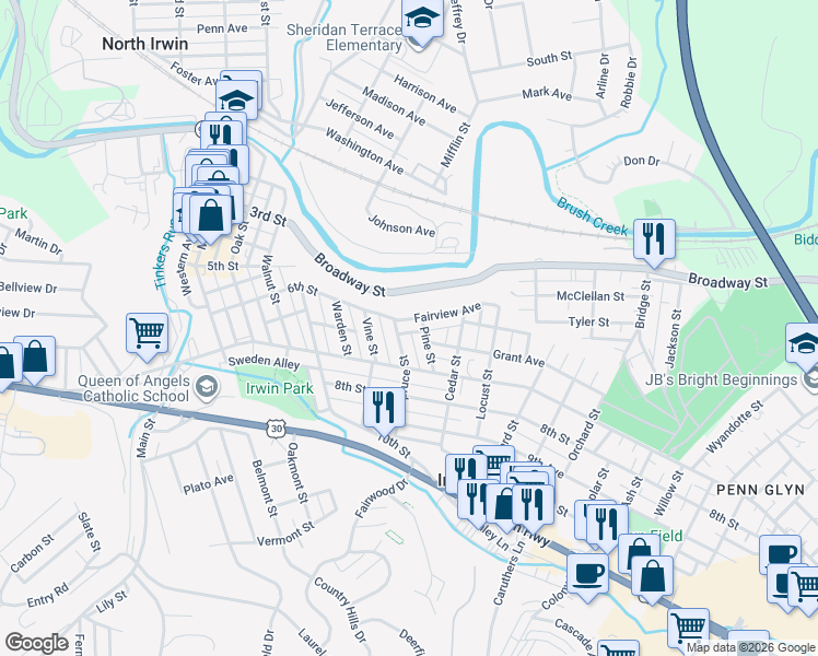 map of restaurants, bars, coffee shops, grocery stores, and more near 712 Pine Street in Irwin