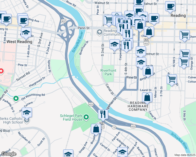 map of restaurants, bars, coffee shops, grocery stores, and more near 475 Riverfront Drive in Reading