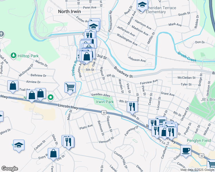 map of restaurants, bars, coffee shops, grocery stores, and more near 638 Chestnut Street in Irwin