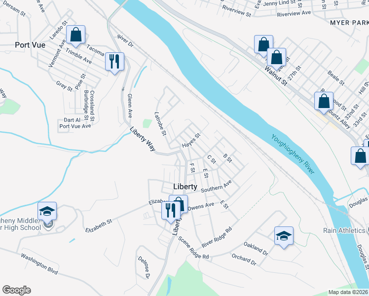 map of restaurants, bars, coffee shops, grocery stores, and more near 2605 Liberty Way in McKeesport