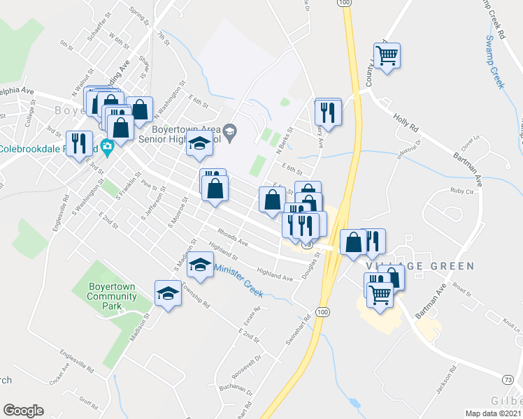 map of restaurants, bars, coffee shops, grocery stores, and more near 704 East 4th Street in Boyertown