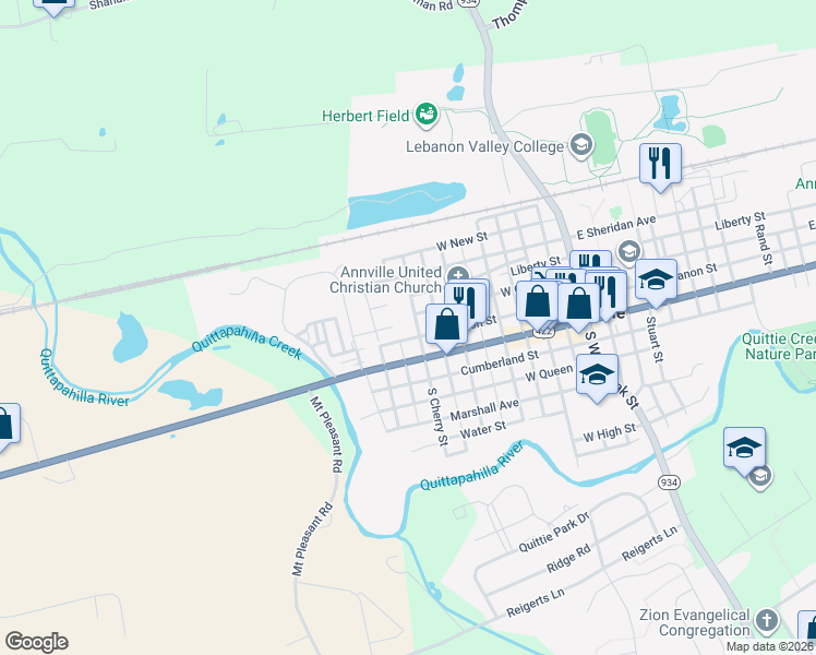 map of restaurants, bars, coffee shops, grocery stores, and more near 33 North Cherry Street in Annville
