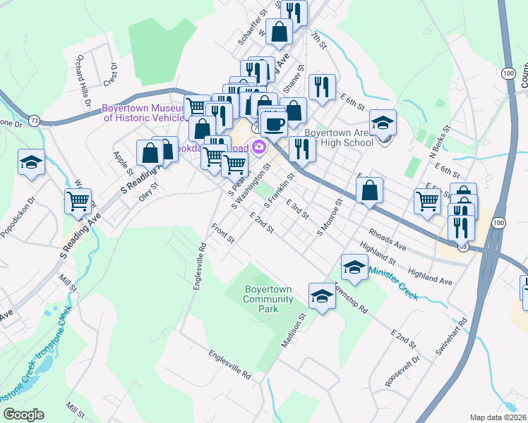 map of restaurants, bars, coffee shops, grocery stores, and more near 132 South Franklin Street in Boyertown