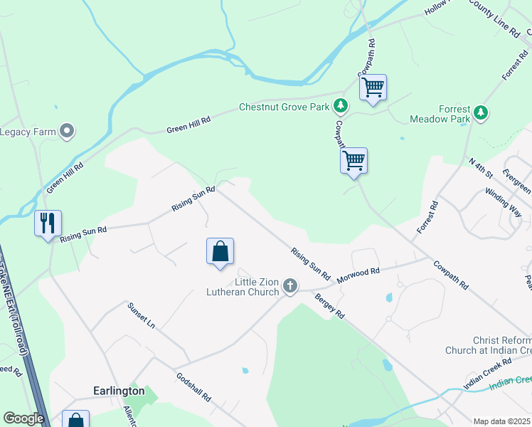 map of restaurants, bars, coffee shops, grocery stores, and more near 759 Rising Sun Road in Telford