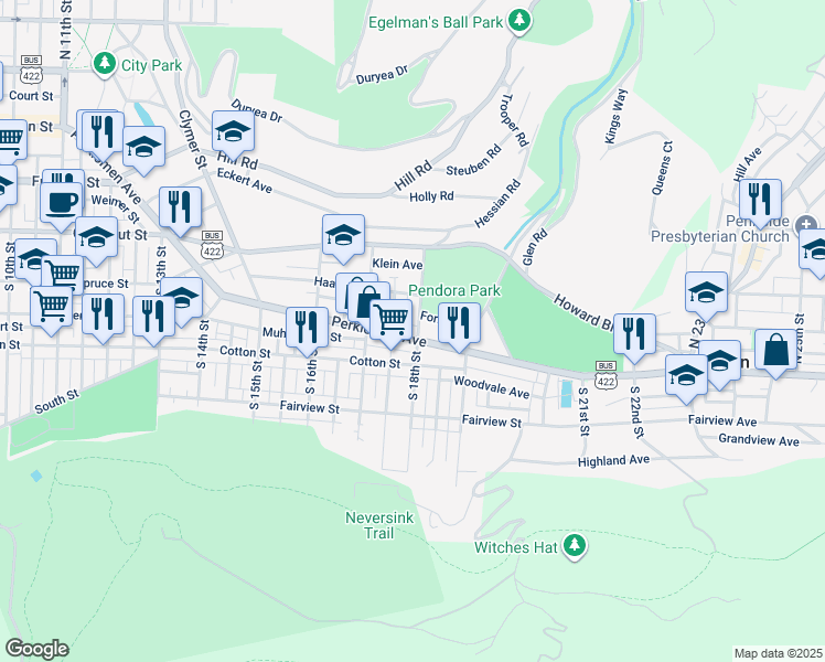 map of restaurants, bars, coffee shops, grocery stores, and more near 1761 Perkiomen Avenue in Reading