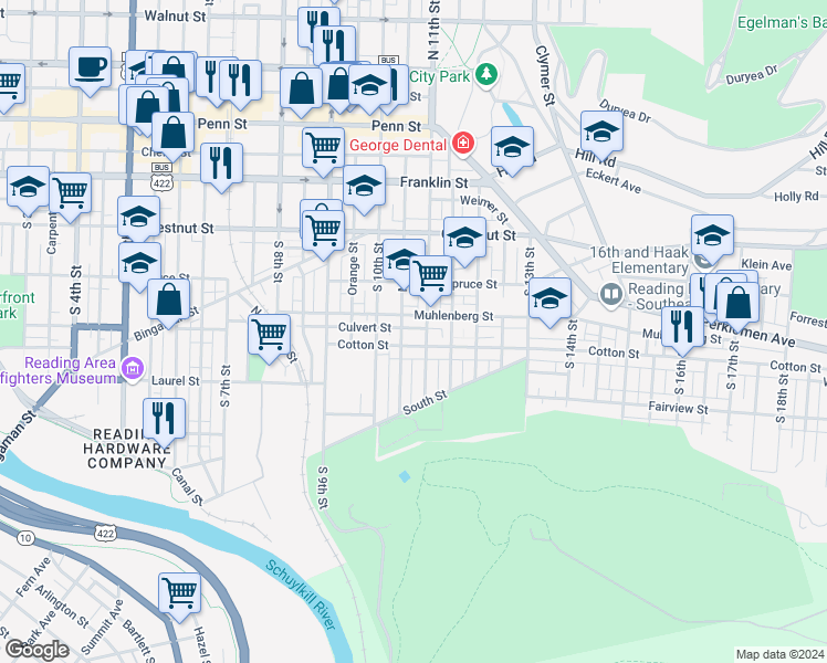 map of restaurants, bars, coffee shops, grocery stores, and more near in Reading