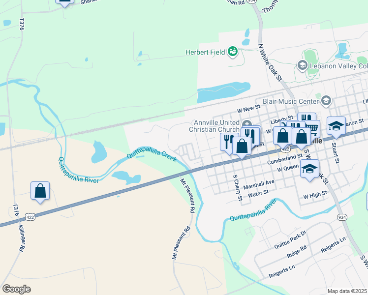 map of restaurants, bars, coffee shops, grocery stores, and more near 30 Stonehill Park in Annville