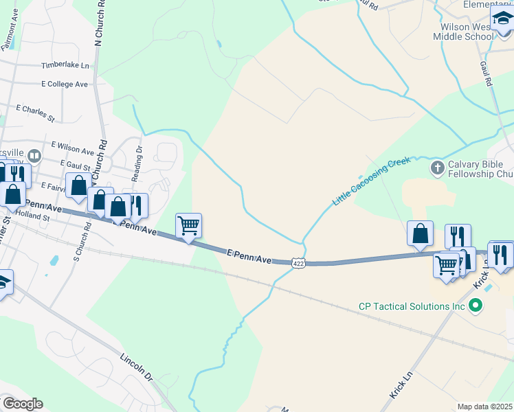 map of restaurants, bars, coffee shops, grocery stores, and more near 4995 Penn Avenue in Sinking Spring