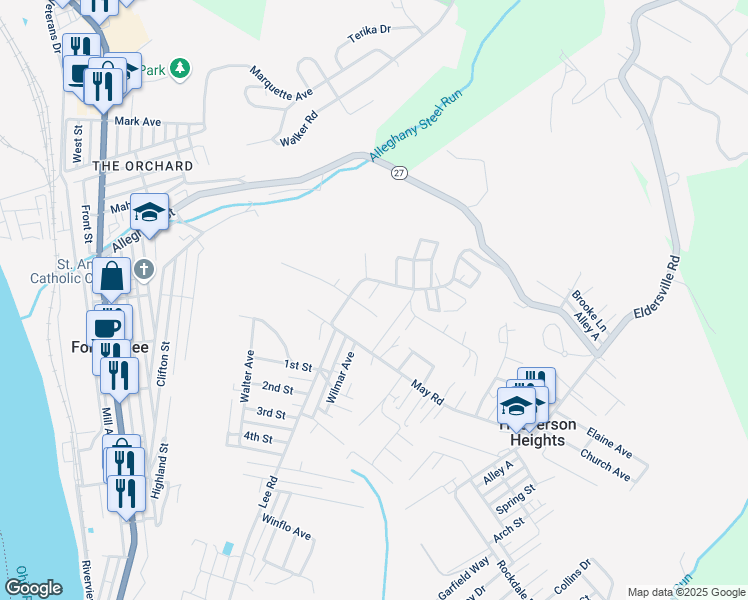 map of restaurants, bars, coffee shops, grocery stores, and more near 117-127 Locust Lane in Follansbee