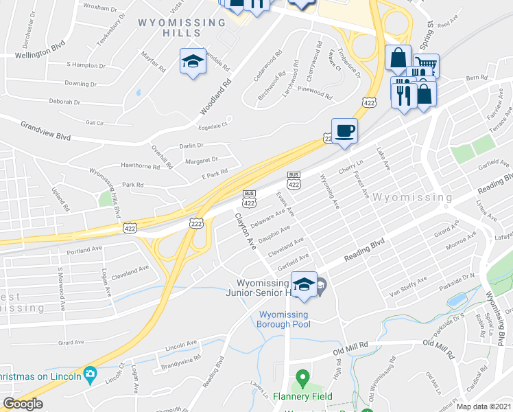 map of restaurants, bars, coffee shops, grocery stores, and more near 1614 Penn Avenue in Wyomissing