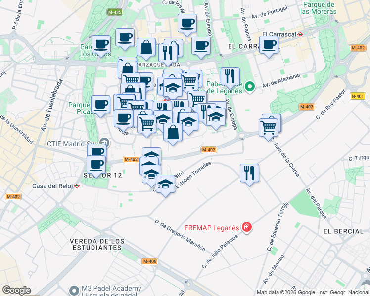 map of restaurants, bars, coffee shops, grocery stores, and more near 26 Calle de las Alpujarras in Leganés
