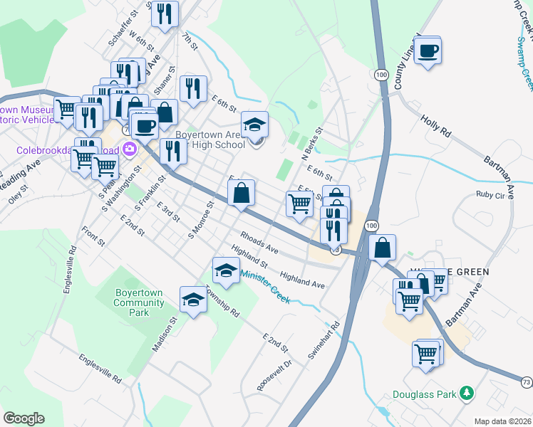 map of restaurants, bars, coffee shops, grocery stores, and more near 633 East Philadelphia Avenue in Boyertown
