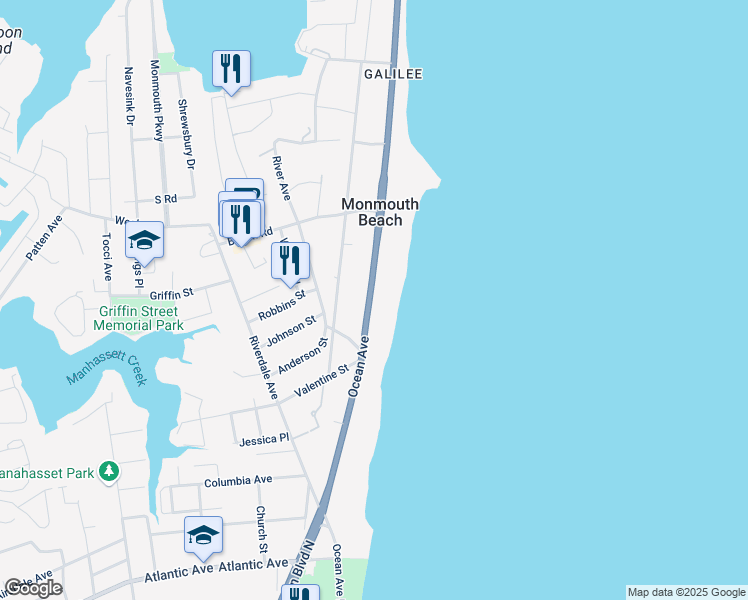 map of restaurants, bars, coffee shops, grocery stores, and more near 40 New Jersey 36 in Monmouth Beach