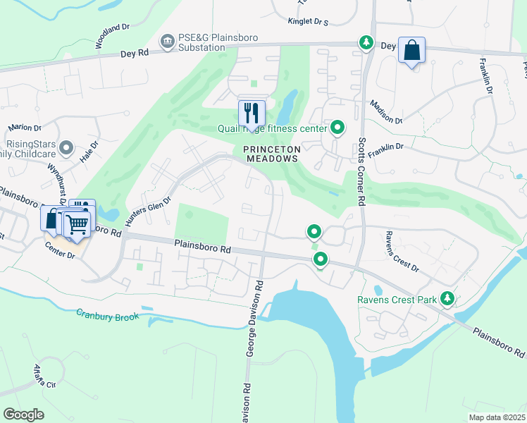 map of restaurants, bars, coffee shops, grocery stores, and more near 7803 Tamarron Drive in Princeton Meadows