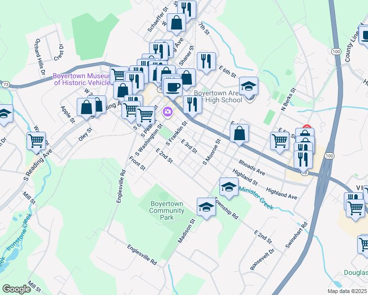 map of restaurants, bars, coffee shops, grocery stores, and more near 334 East 3rd Street in Boyertown